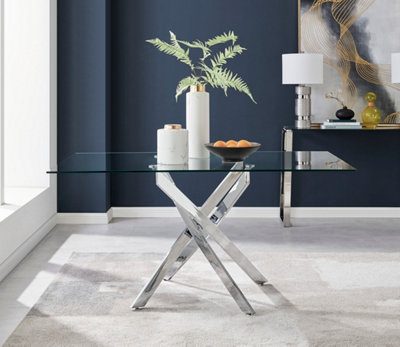 Furniturebox Leonardo 6 Seater Rectangular Glass Dining Table with Silver Metal Leg & 6 Beige Milan Faux Leather Silver Leg Chairs