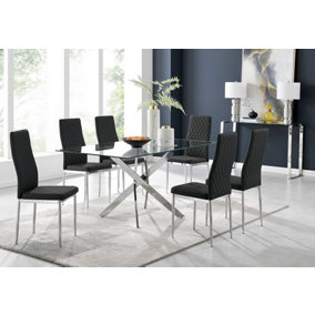 Furniturebox Leonardo 6 Seater Rectangular Glass Dining Table with Silver Metal Leg & 6 Black Milan Faux Leather Silver Leg Chairs