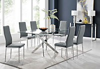 Furniturebox Leonardo 6 Seater Rectangular Glass Dining Table with Silver Metal Leg & 6 Grey Milan Faux Leather Silver Leg Chairs