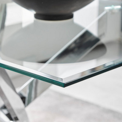Furniturebox Leonardo 6 Seater Rectangular Glass Dining Table with Silver Metal Leg & 6 Grey Milan Faux Leather Silver Leg Chairs