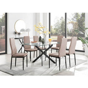 Furniturebox Leonardo 6 Seater Rectangular Glass Dining Table with Silver Metal Legs & 6 Beige Milan Faux Leather Black Leg Chairs