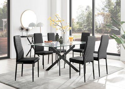 Furniturebox Leonardo 6 Seater Rectangular Glass Dining Table with Silver Metal Legs & 6 Black Milan Faux Leather Black Leg Chairs