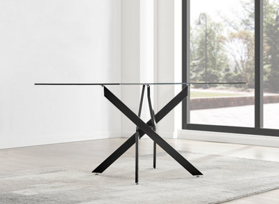 Furniturebox Leonardo 6 Seater Rectangular Glass Dining Table with Silver Metal Legs & 6 Black Milan Faux Leather Black Leg Chairs