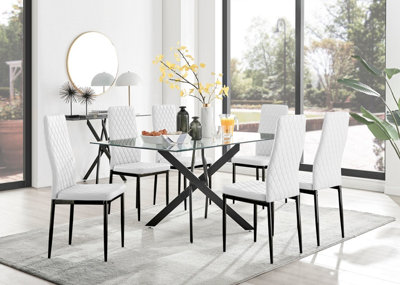 Furniturebox Leonardo 6 Seater Rectangular Glass Dining Table with Silver Metal Legs & 6 White Milan Faux Leather Black Leg Chairs