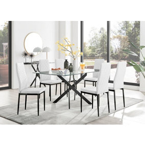 Furniturebox Leonardo 6 Seater Rectangular Glass Dining Table with Silver Metal Legs & 6 White Milan Faux Leather Black Leg Chairs