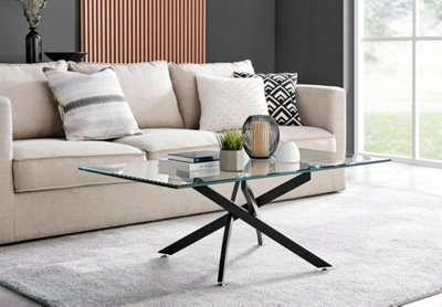 Furniturebox Leonardo Rectangular Glass Coffee Table with Black Metal Angled Starburst Legs for Modern Industrial Living