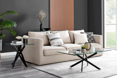Furniturebox Leonardo Rectangular Glass Coffee Table with Black Metal Angled Starburst Legs for Modern Industrial Living Room