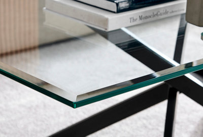 Furniturebox Leonardo Rectangular Glass Coffee Table with Black Metal Angled Starburst Legs for Modern Industrial Living Room