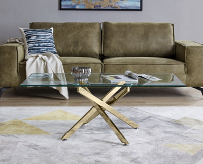 Furniturebox Leonardo Rectangular Glass Coffee Table with Gold Chrome Metal Angled Starburst Legs for Modern Living Room