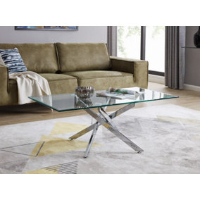Furniturebox Leonardo Rectangular Glass Coffee Table with Silver Chrome Metal Angled Starburst Legs for Modern Living Rooms