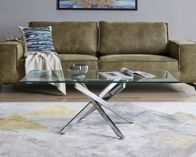Furniturebox Leonardo Rectangular Glass Coffee Table with Silver Chrome Metal Angled Starburst Legs for Modern Living Rooms