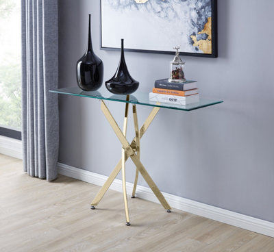 Furniturebox Leonardo Rectangular Glass Console Table with Gold Chrome Metal Angled Starburst Legs for Modern Living Room