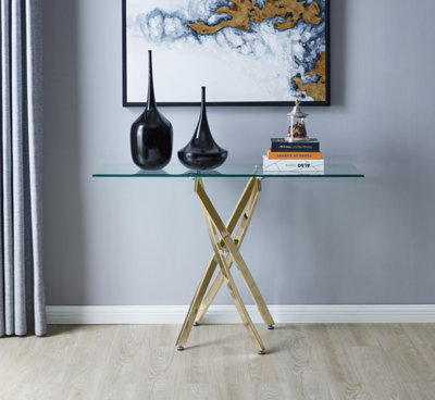 Furniturebox Leonardo Rectangular Glass Console Table with Gold Chrome Metal Angled Starburst Legs for Modern Living Room