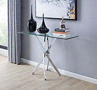 Furniturebox Leonardo Rectangular Glass Console Table with Silver Chrome Metal Angled Starburst Legs for Modern Living Room