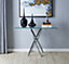 Furniturebox Leonardo Rectangular Glass Console Table with Silver Chrome Metal Angled Starburst Legs for Modern Living Room