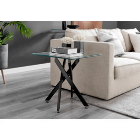 Furniturebox Leonardo Square Glass Side End Bedside Table with Black Metal Starburst Legs for Modern Industrial Living Rooms