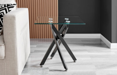 Furniturebox Leonardo Square Glass Side End Bedside Table with Black Metal Starburst Legs for Modern Industrial Living Rooms