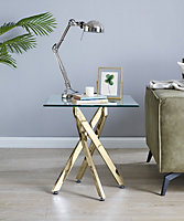 Furniturebox Leonardo Square Glass Side End Bedside Table with Gold Metal Angled Starburst Legs for Modern Living Room or Bedroom