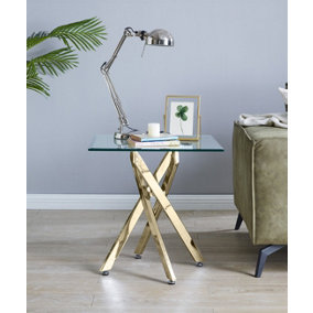 Furniturebox Leonardo Square Glass Side End Bedside Table with Gold Metal Angled Starburst Legs for Modern Living Room or Bedroom