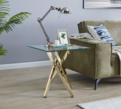 Furniturebox Leonardo Square Glass Side End Bedside Table with Gold Metal Angled Starburst Legs for Modern Living Room or Bedroom