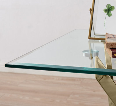 Furniturebox Leonardo Square Glass Side End Bedside Table with Gold Metal Angled Starburst Legs for Modern Living Room or Bedroom