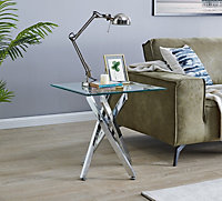Furniturebox Leonardo Square Glass Side End Bedside Table with Silver Chrome Metal Angled Starburst Legs for Modern Living Rooms