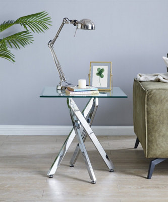 Furniturebox Leonardo Square Glass Side End Bedside Table with Silver Chrome Metal Angled Starburst Legs for Modern Living Rooms