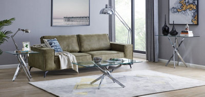 Furniturebox Leonardo Square Glass Side End Bedside Table with Silver Chrome Metal Angled Starburst Legs for Modern Living Rooms