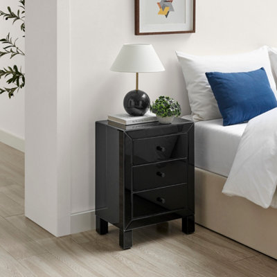 Furniturebox Lexi Large Black Mirrored Bedside Table with 3 Drawers