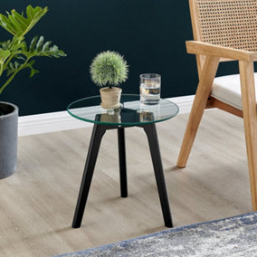Furniturebox Malmo Black Painted Beech Wood Scandi Inspired Side Table Small 40cm With Round Clear Glass Top and Black Wooden Legs