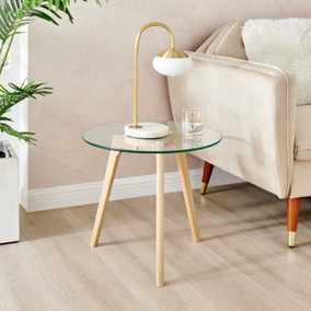 Furniturebox Malmo Natural Beech Wood Scandi Inspired Side Table Medium 50cm With Round Tempered Glass Top and Wooden Legs