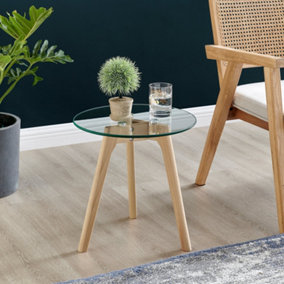 Furniturebox Malmo Natural Beech Wood Scandi Inspired Side Table Small 40cm With Round Tempered Glass Top and Wooden Legs