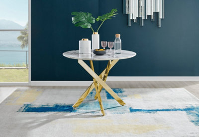 Furniturebox Novara 100cm 4 Seater White Marble Effect Round Wooden Dining Table with Gold Chrome Legs