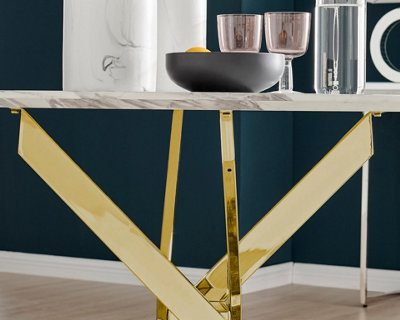 Furniturebox Novara 100cm 4 Seater White Marble Effect Round Wooden Dining Table with Gold Chrome Legs