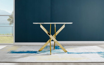 Furniturebox Novara 100cm 4 Seater White Marble Effect Round Wooden Dining Table with Gold Chrome Legs