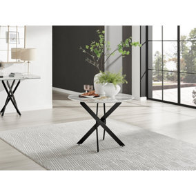 Furniturebox Novara 100cm 4 Seater White Marble Effect Round Wooden Dining Table with Matte Black Legs
