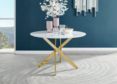 Furniturebox Novara 120cm 4-6 Seater White High Gloss Round Wooden Dining Table with Gold Chrome Legs