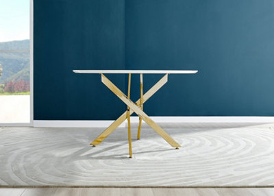 Furniturebox Novara 120cm 4-6 Seater White High Gloss Round Wooden Dining Table with Gold Chrome Legs