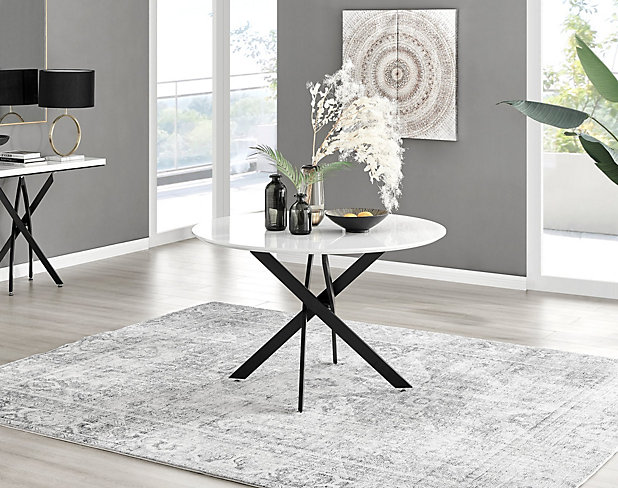 Furniturebox Novara 120cm 4-6 Seater White High Gloss Round Wooden Dining  Table with Matte Black Legs