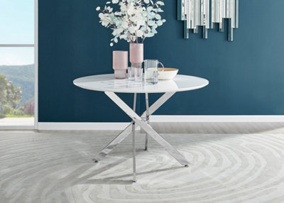 Furniturebox Novara 120cm 4-6 Seater White High Gloss Round Wooden Dining Table with Silver Chrome Legs