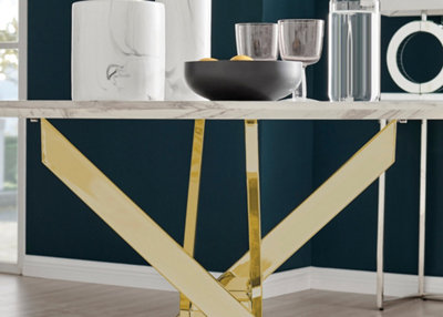 Furniturebox Novara 120cm 4-6 Seater White Marble Effect Round Wooden Dining Table with Gold Chrome Legs