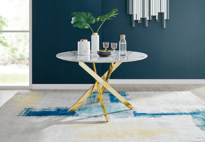 Furniturebox Novara 120cm 4-6 Seater White Marble Effect Round Wooden Dining Table with Gold Chrome Legs