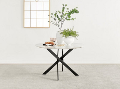 Furniturebox Novara 120cm 4-6 Seater White Marble Effect Round Wooden Dining Table with Matte Black Legs