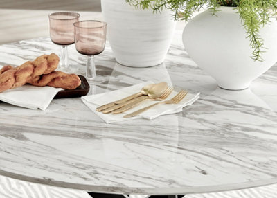 Furniturebox Novara 120cm 4-6 Seater White Marble Effect Round Wooden Dining Table with Matte Black Legs