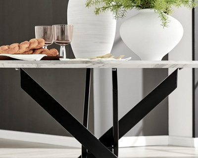 Furniturebox Novara 120cm 4-6 Seater White Marble Effect Round Wooden Dining Table with Matte Black Legs