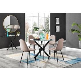 Furniturebox Novara Clear Tempered Glass 100cm Round Dining Table with Black Starburst Legs & 4 Beige Corona Faux Leather Chairs