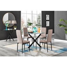 Furniturebox Novara Clear Tempered Glass 100cm Round Dining Table with Black Starburst Legs & 4 Beige Milan Faux Leather Chairs