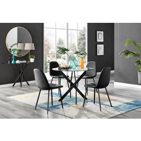 Furniturebox Novara Clear Tempered Glass 100cm Round Dining Table with Black Starburst Legs & 4 Black Corona Faux Leather Chairs
