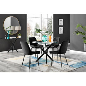 Furniturebox Novara Clear Tempered Glass 100cm Round Dining Table with Black Starburst Legs & 4 Black Pesaro Soft Velvet Chairs
