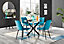 Furniturebox Novara Clear Tempered Glass 100cm Round Dining Table with Black Starburst Legs & 4 Blue Pesaro Soft Velvet Chairs